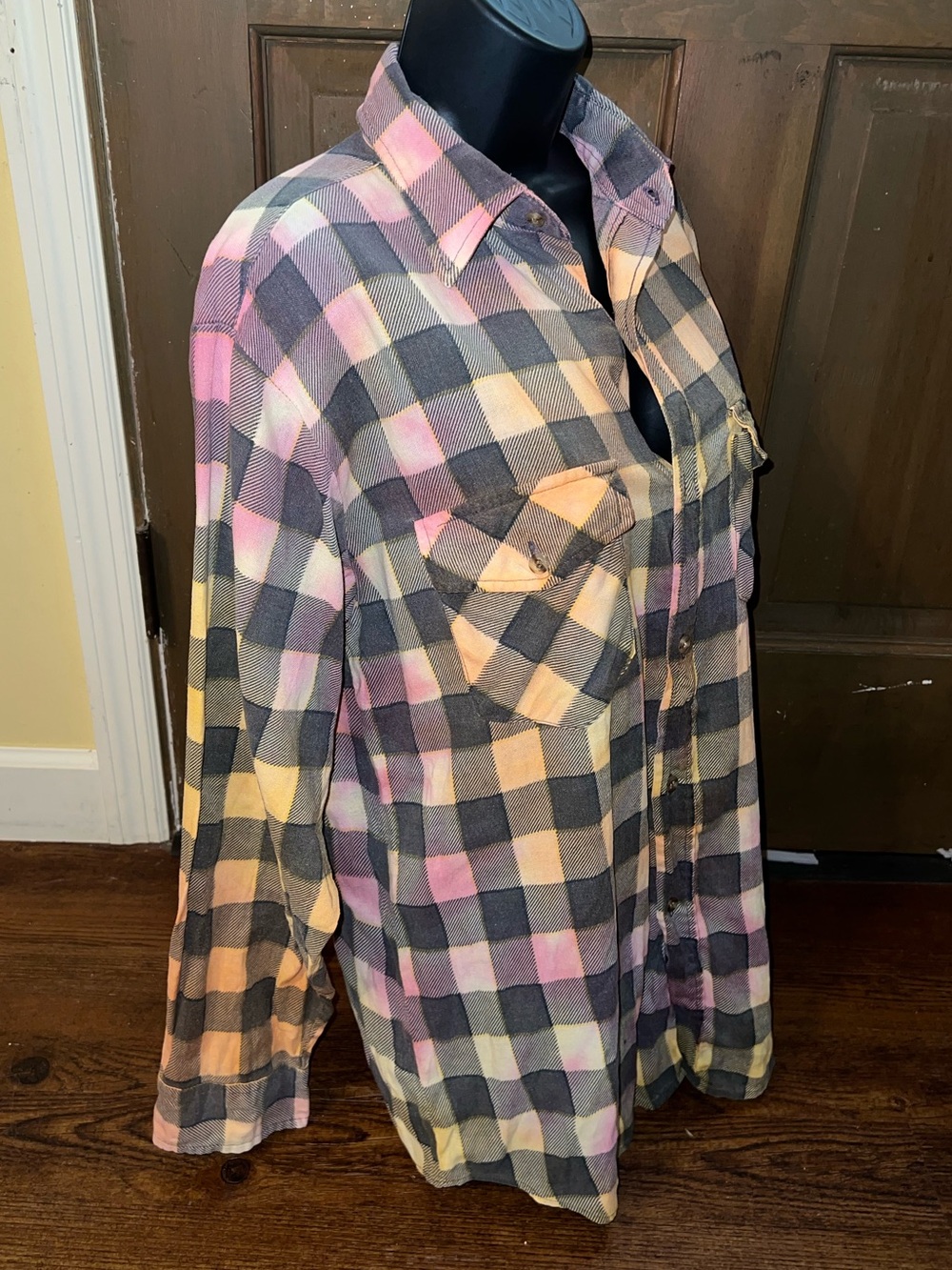 Vintage 90’s Grunge Tie Dye Plaid Button Up Long Sleeve Reworked Shirt Size M - Picture 4 of 9